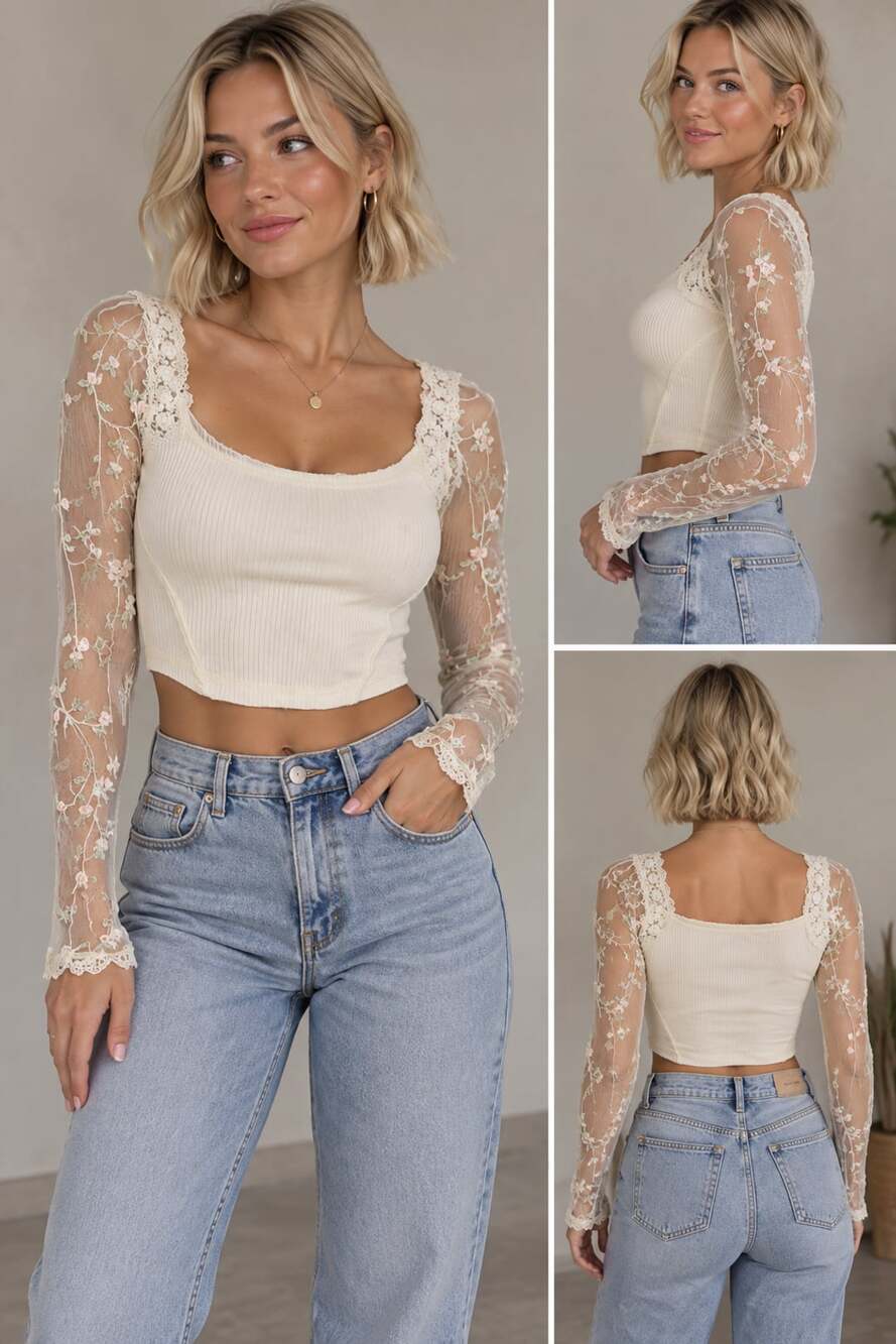 Altar'd State Cream Ribbed Crop Top With Sheer Lace Sleeves
M151